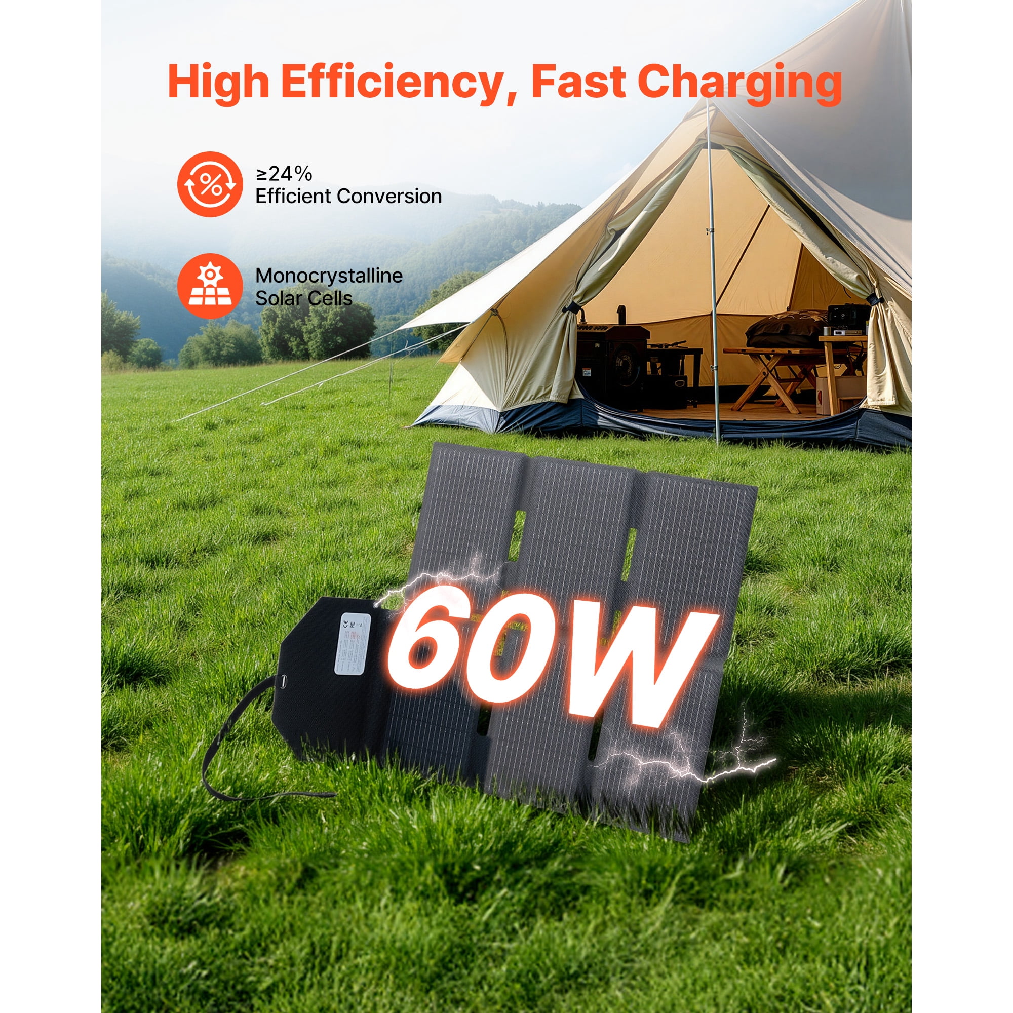KFFKFF 60W Foldable Solar Panel Charger, High-Efficiency Monocrystalline Design, Lightweight and Portable with MC4, Type-C, USB-A, and DC Ports for Outdoor Power Solutions