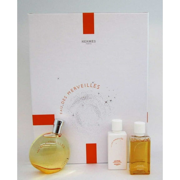 Eau Des Merveilles by Hermes Gift Set:1.6oz EDT 1.4oz B/L 1.4oz Sh/G