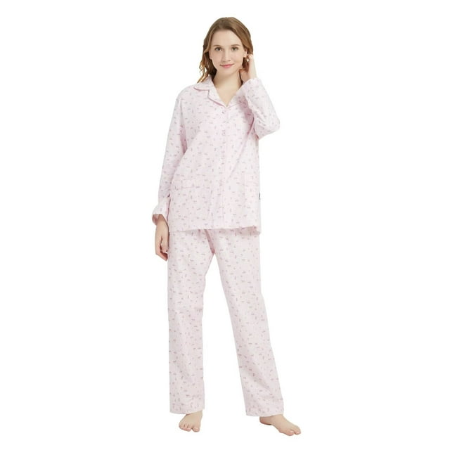 GLOBAL Conjunto de Pijamas de Franela para Mujer, Pijamas 100% Algodón para Mujer, Ropa de Estar por Casa, Manga Larga, Botón, Cordón en la Cintura, Ropa de Dormir Cálida, Hermosa Flor Rosa S