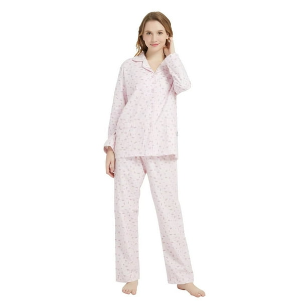 GLOBAL Conjunto de Pijamas de Franela para Mujer, Pijamas 100% Algodón para Mujer, Ropa de Estar por Casa, Manga Larga, Botón, Cordón en la Cintura, Ropa de Dormir Cálida, Hermosa Flor Rosa L