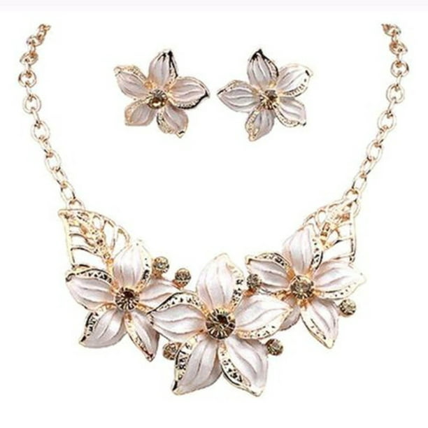 Flower Necklace And Earring Set Cream White and Gold Flower with ...