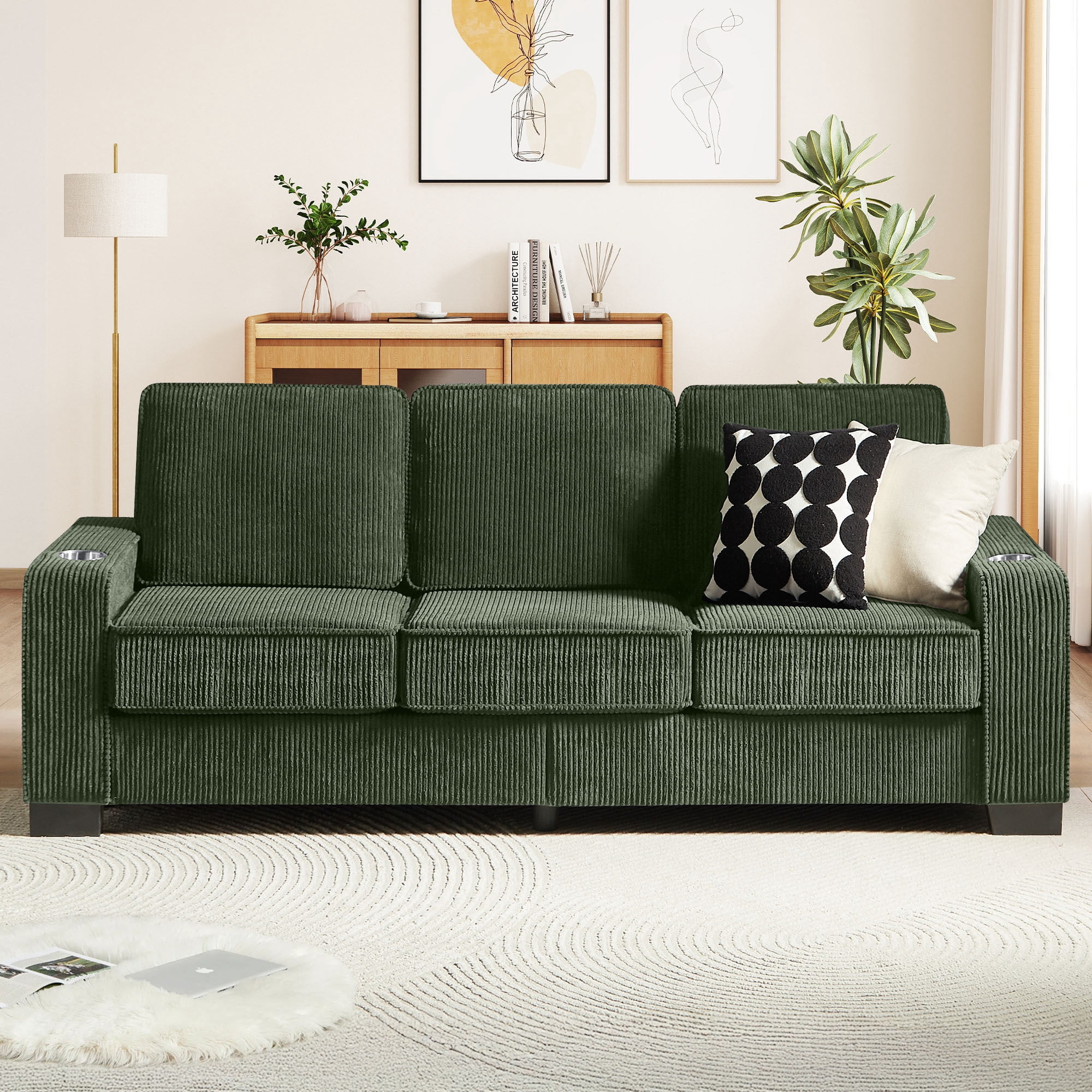 Lunale 83" Corduroy Sofa with Cup Holders, Modern 3-Seater Couch for Living Room, Apt., Green