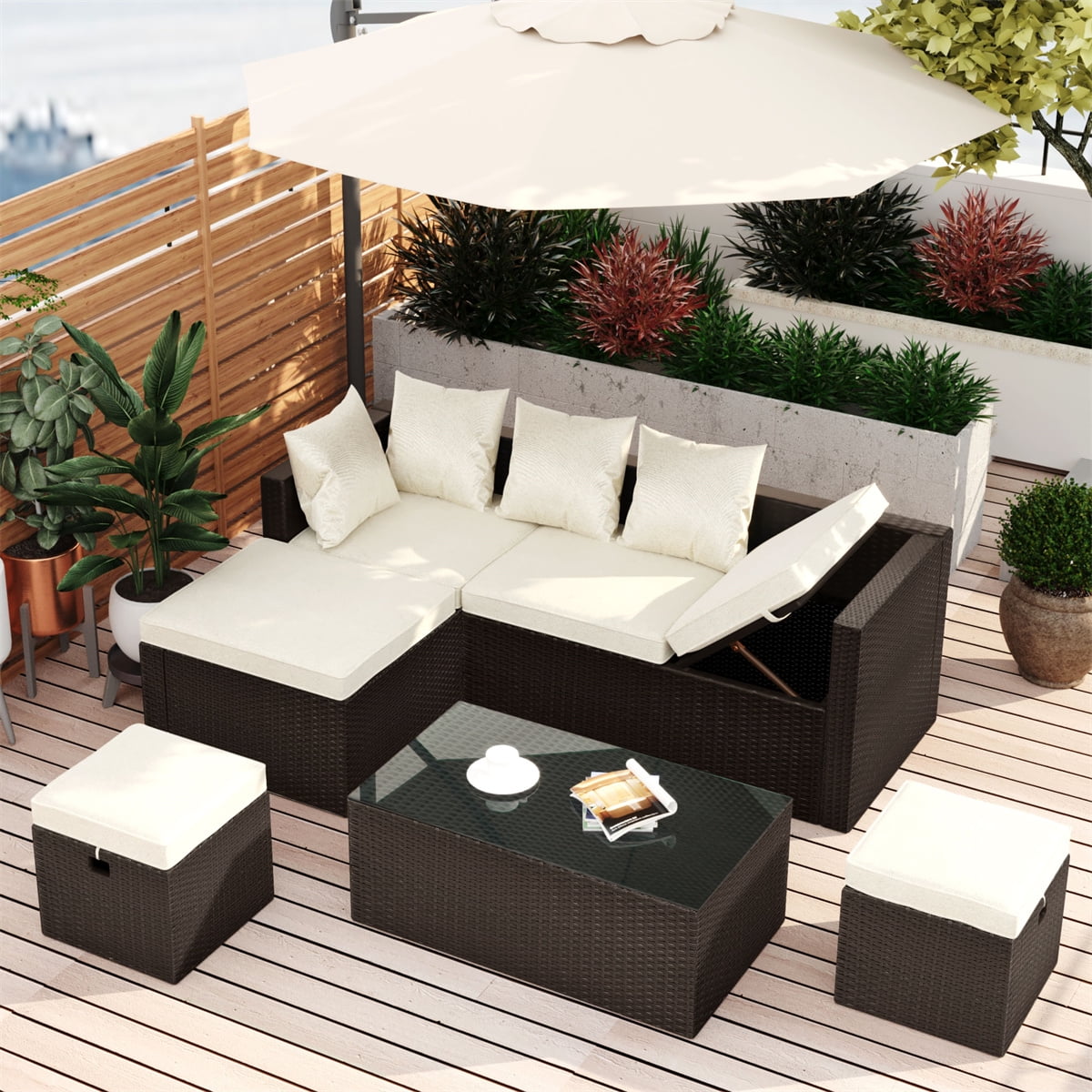 5 Pieces Outdoor Sectional Sofa, Wicker Patio Sectional Sofa Conversation Set, Rattan Adjustable Sofa with Coffee Table and Washable Cushions Covers, Beige