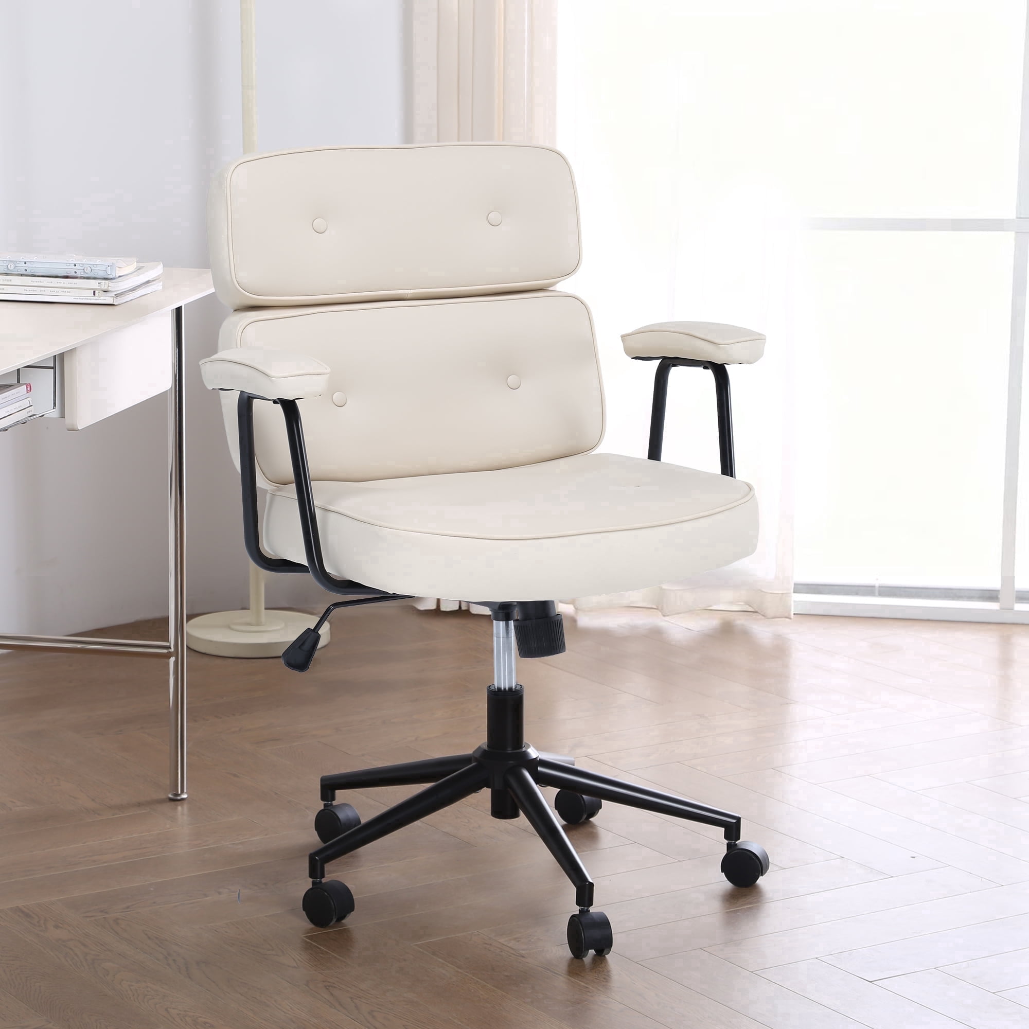 ENYLAY PU Leather Executive Office Chair, Extra Wide Ergonomic Computer Chair with Lumbar Support, Swivel Rocking, Adjustable Height & Thickened Cushions, Mid Back (White)