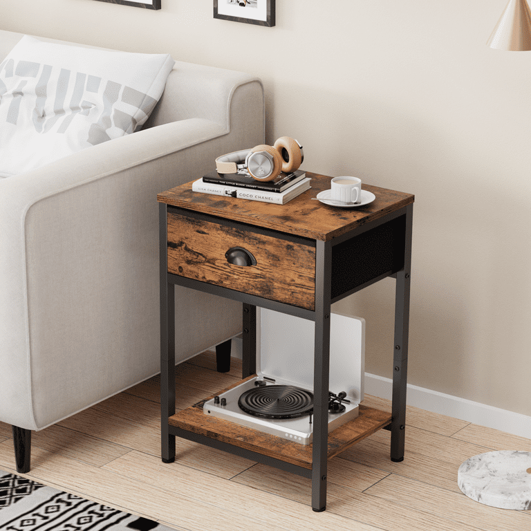 Nightstands Set of 2, Industrial End Table with Fabric Drawer and Storage  Shelf, Retro Bedside Tables Organizer, Side for Living Room Bedroom, Rustic