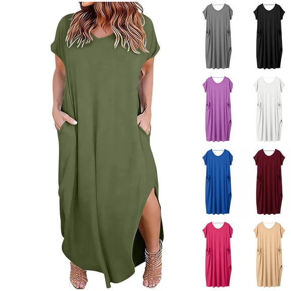 Asxite Plus Size Summer Dresses for Women Casual Solid Loose Round Neck Short Sleeve Midi Sundress