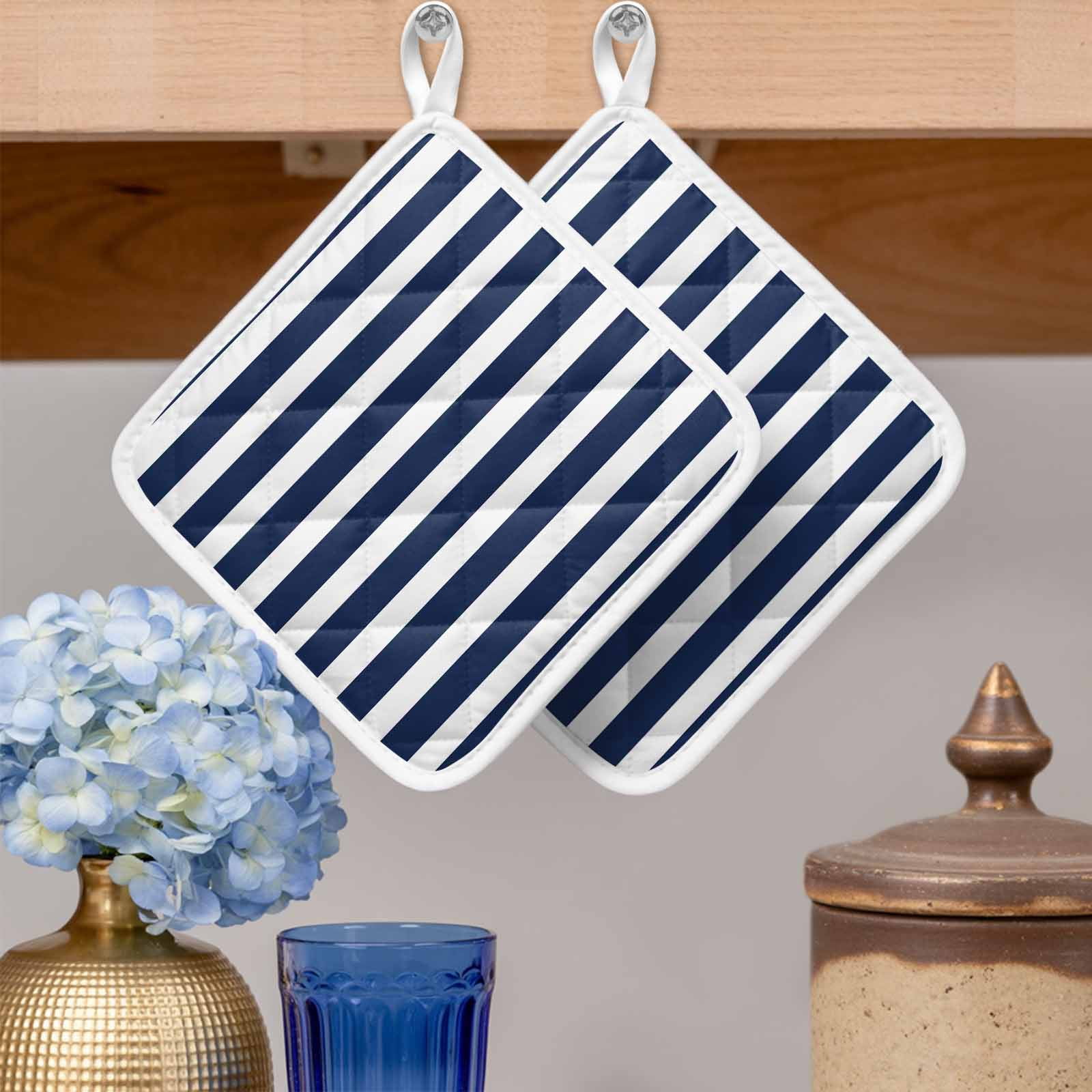 Navy Blue Striped Pot Holders for Kitchen Heatproof Potholder, 3 Pack Modern Farmhouse Blue White Stripes Hot Pads Multipurpose Oven Pads Cloth Potholders Trivet for Cooking Baking