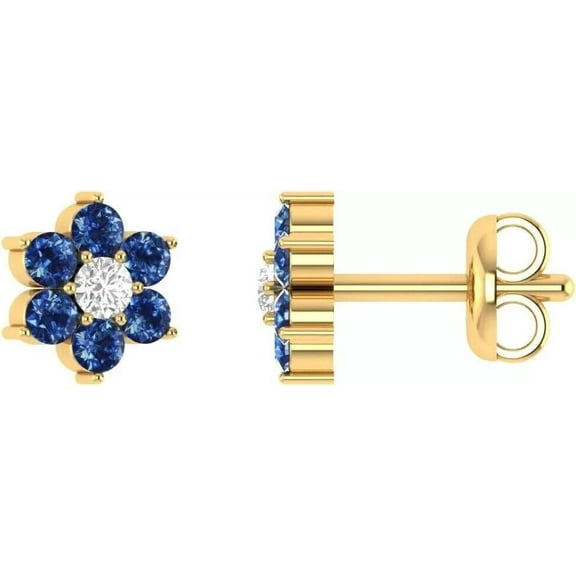TAAPSEE JEWELS 14K Yellow Gold Plated Round Cut Lab Created Blue Sapphire Flower Women's Stud Earrings