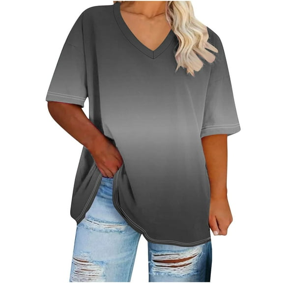 Scyoekwg Womens Casual Short Sleeve Tops Round Neck Oversized Tee Loose Lightweight Gradient Color Trendy Blouses (Black,XXXXXL)