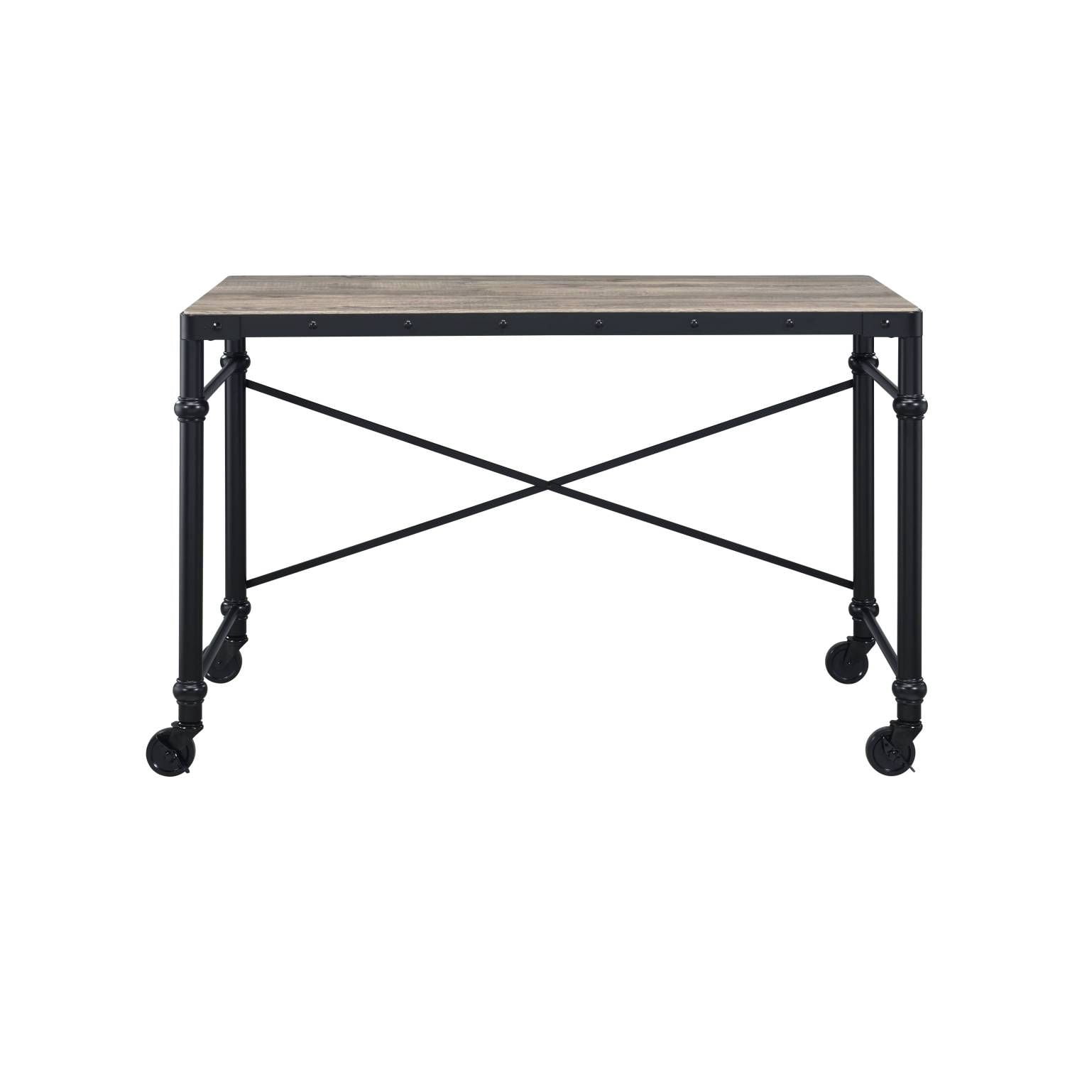 Industrial Writing Desk with Wheels, 47 in Wooden Tabletop, Metal Frame, 70 lb Weight Limit, Mobile Home Office Study Desk