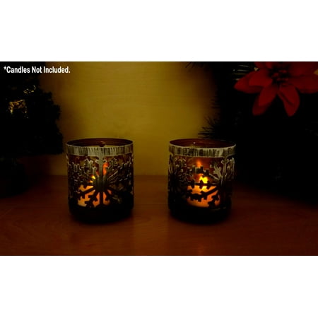 Candle Sleeve Holder Metal Snowflake Candle Holders - Set of 2 Anqiued Brown Metal Candle Sleeves - Snowflakes with White Washed Pained - Snowflake Decorations ()