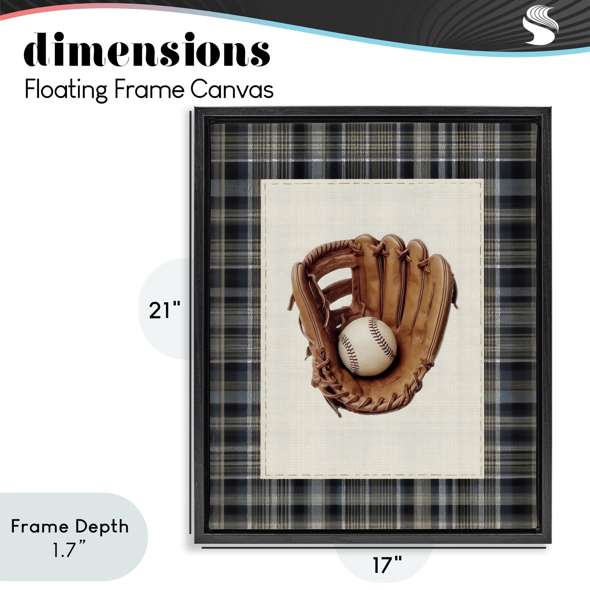 Stupell Industries Baseball Glove with Plaid Black Framed Floater Canvas Wall Art, design by Arlington Prints