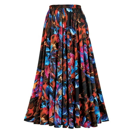 - Women's Women's Black Floral Print Full Sweep Long Maxi Skirt with Elastic Waistband, 38