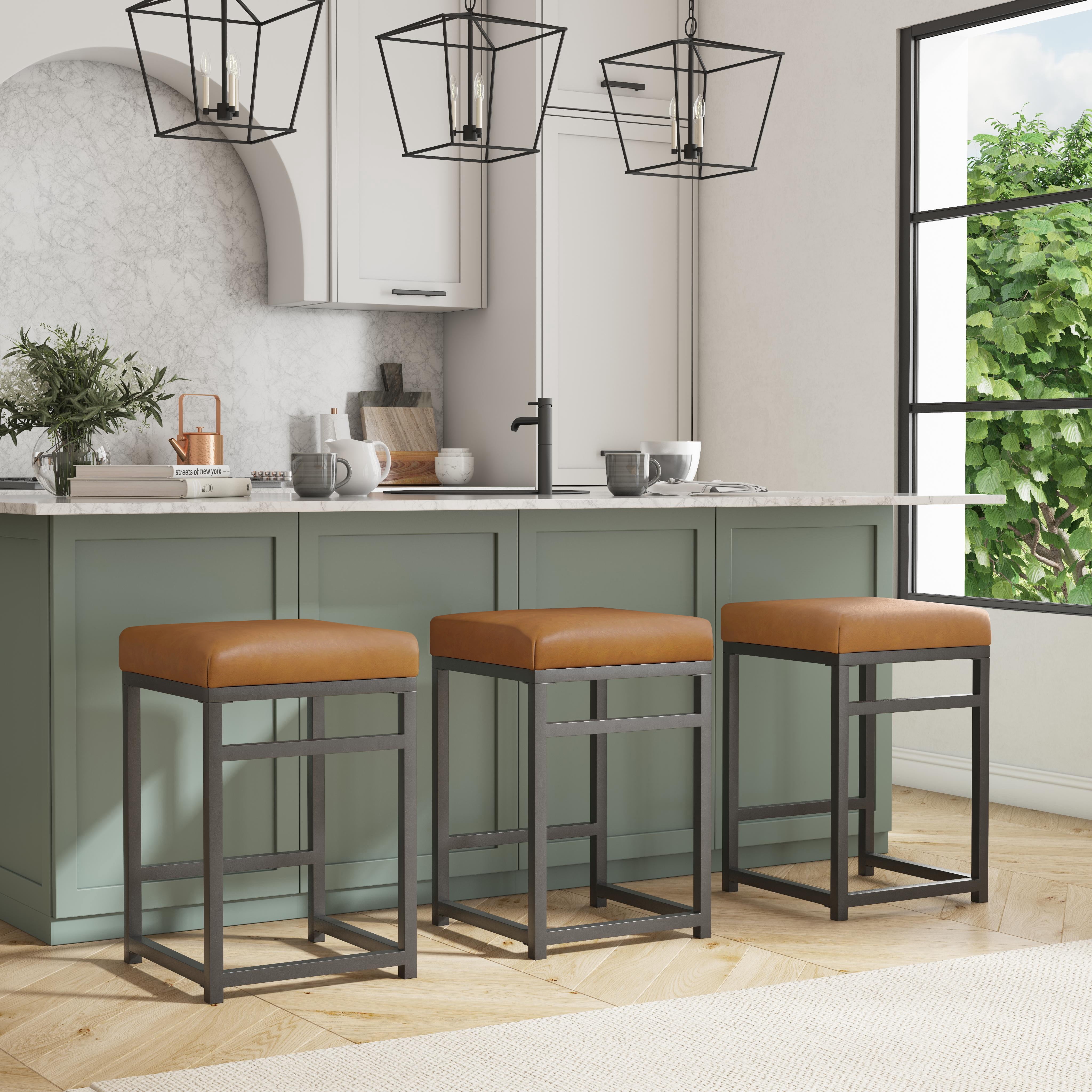 HomePop 24" Indoor Square Backless Metal Upholstered Counter Stool, Carmel Faux Leather