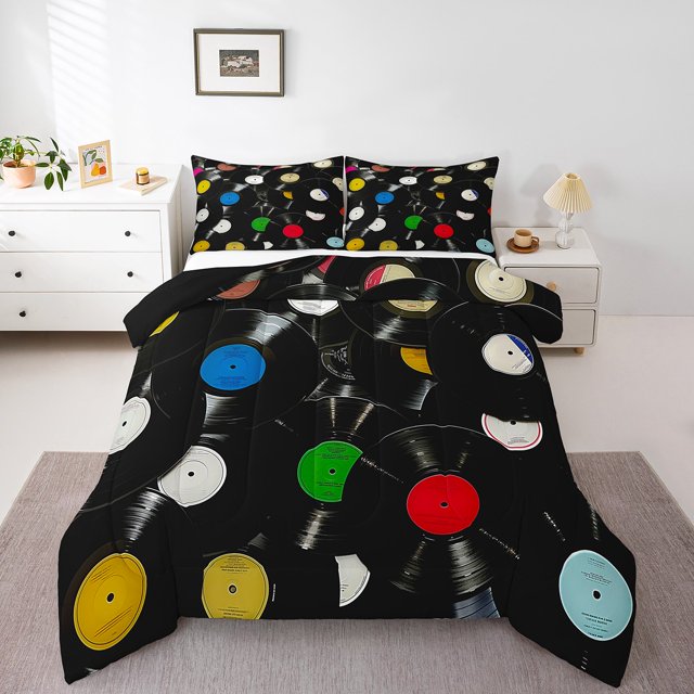 Erosebridal Colorful Vinyl Record Bedding Todder Comforter Set, 70s 80s 90s Music Down Comforter, Reversible 2 Pieces