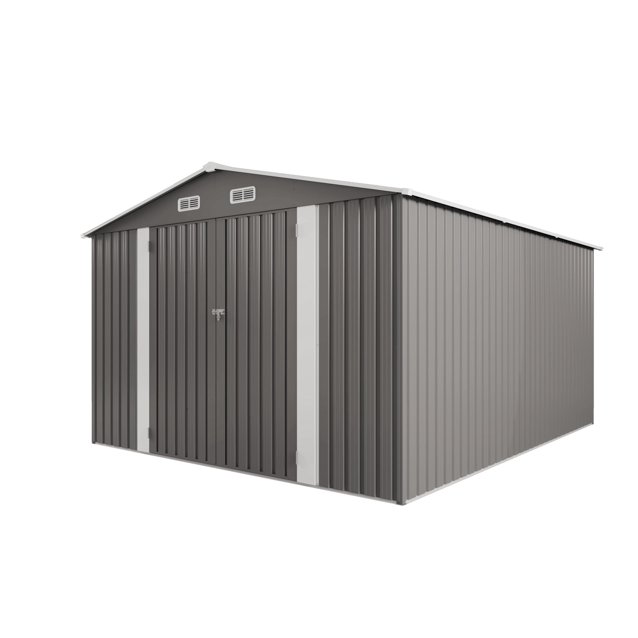Noble House 10 ft x 12 ft Outdoor Metal Storage Shed with Double Doors, Translucent Windows, Gray