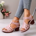 thumbnail image 4 of Sandals Women Open Toe Splice Leather Heels Chunky Heeled Trendy T-Strap Slingback Pumps Adjustable Ankle Strap Casual Summer Dress Shoes Pink Size 7, 4 of 6