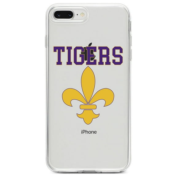 DistinctInk Clear Shockproof Hybrid Case for iPhone 7 PLUS / 8 PLUS (5.5" Screen) - TPU Bumper, Acrylic Back, Tempered Glass Screen Protector - Tigers Football / Fleur de Lis - Purple, Gold