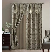Sapphire Home Fancy Jacquard Window Drape Curtain Panels Set with Attached Valance, Sheer Backing, 2 Tassels, Elegant Damask Floral Pattern, Drape set for Living & Dining Rooms, Scarlett, 63, Taupe