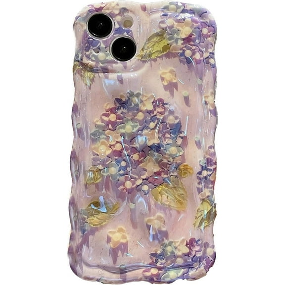 for iPhone 12 Case, Colorful Retro Oil Painting Printed Flower Phone Case for Girls Women, TPU Cute Curly Wave Edge Durable Protective Phone Cover for iPhone 12, Purple Bouquet