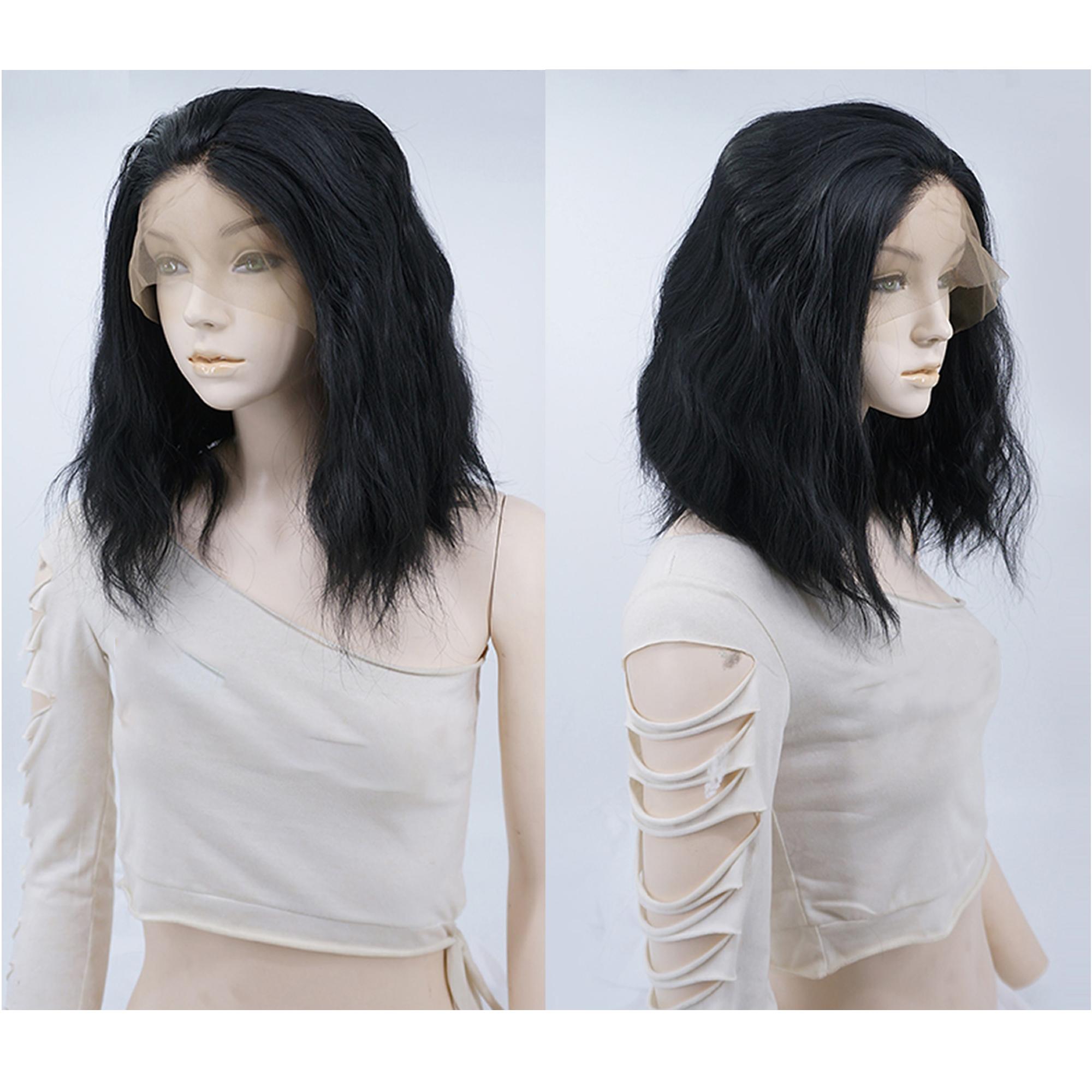 Unique Bargains Lace Front Wigs Medium Long Natural Curly for Lady Black 14" with Wig Cap