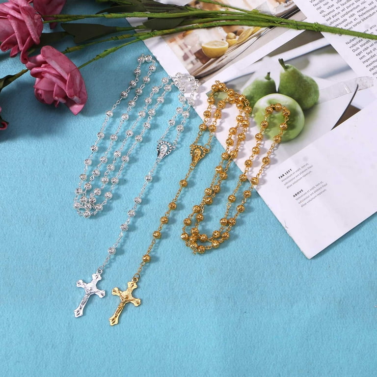QUSENLON Rosary Beads Necklace with Jesus Crucifix Pendant Catholic Prayer Gift for Women