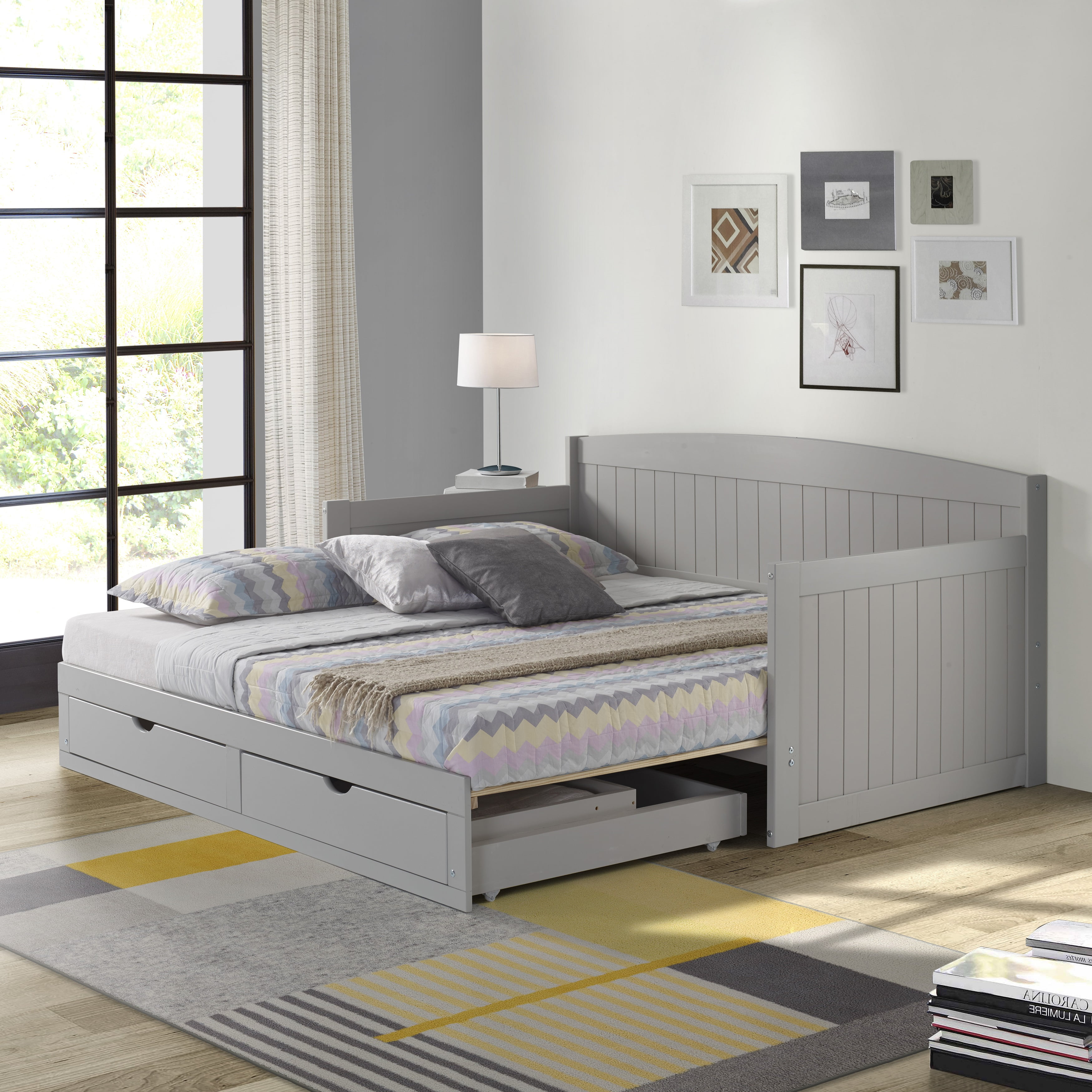 Alaterre Harmony Daybed with King Conversion Brazilian Pine Construction Trundle Bed for Boys and Girls Gray