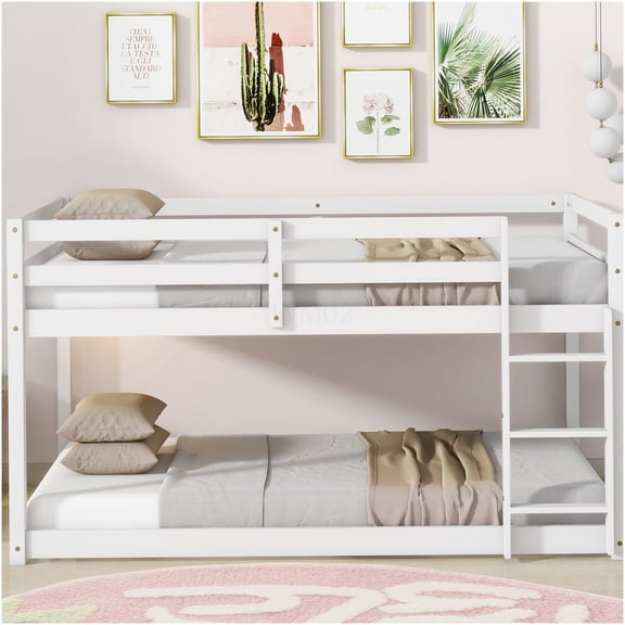Low Profile Twin Bunk Bed with Ladder, White Solid Wood Frame, Sturdy Slat Support & Space Saving Loft Design