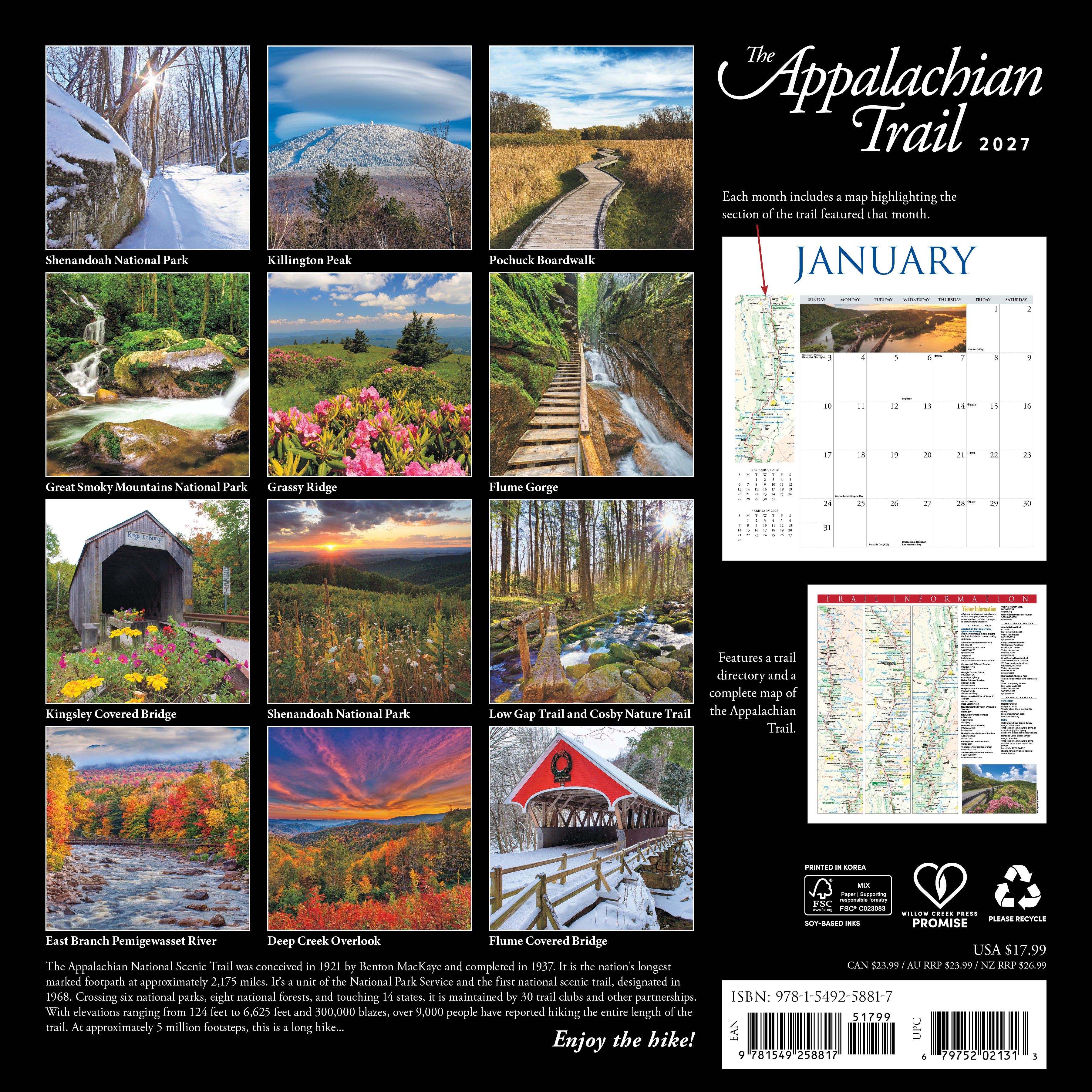 Willow Creek Press, Appalachian Trail 2027 Wall Calendar