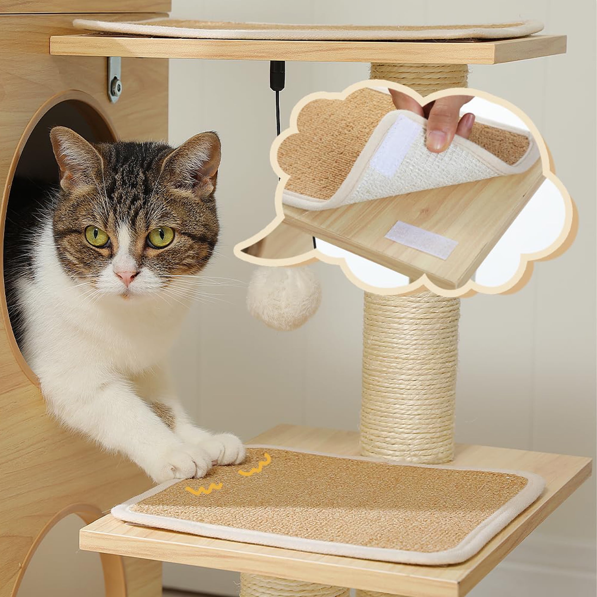 resenkos 42" Modern Cat Tree Tower with Double Spacious Condos Perch, Sisal Scratching Post, Kittens Toys Activity Centre Cat Tree House, Beige