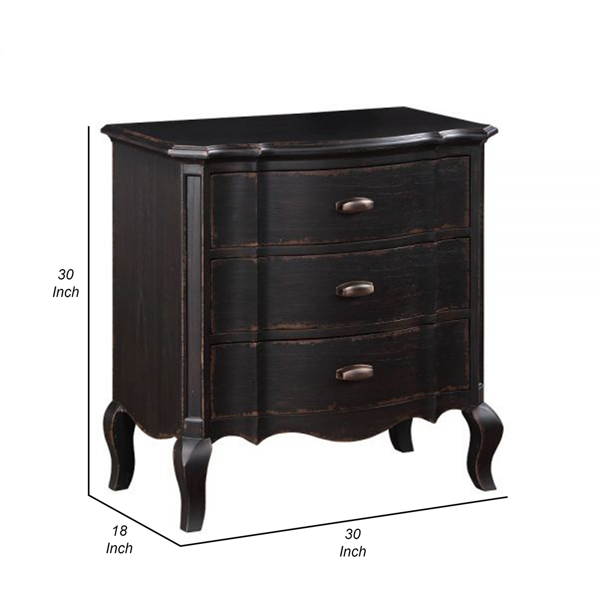 Benjara Cherry 30" Nightstand- 3 Drawers- Cabriole Legs- Rubberwood- Black