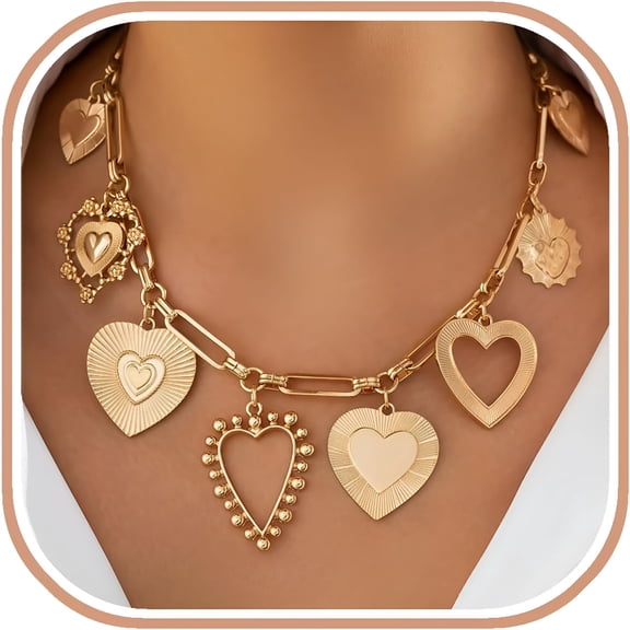 DESIGNICE Chunky Gold Necklace for Women Big Heart Necklace Vintage Gold Statement Necklace for Women Stackable Fashion Jewelry