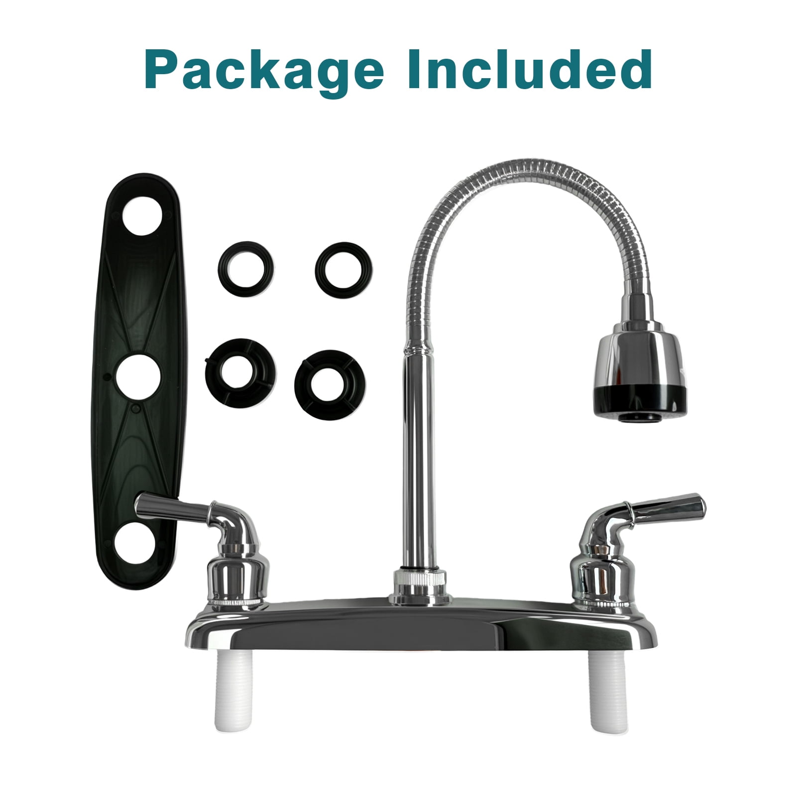 RV Kitchen Faucet, Non-Metallic Camper Kitchen Sink Faucet 8 Inch 2 Hole Double Handles with Flexible Arch 360 Degree Rotatable Spout for Campers, Motorhome, Travel Trailer, Chrome