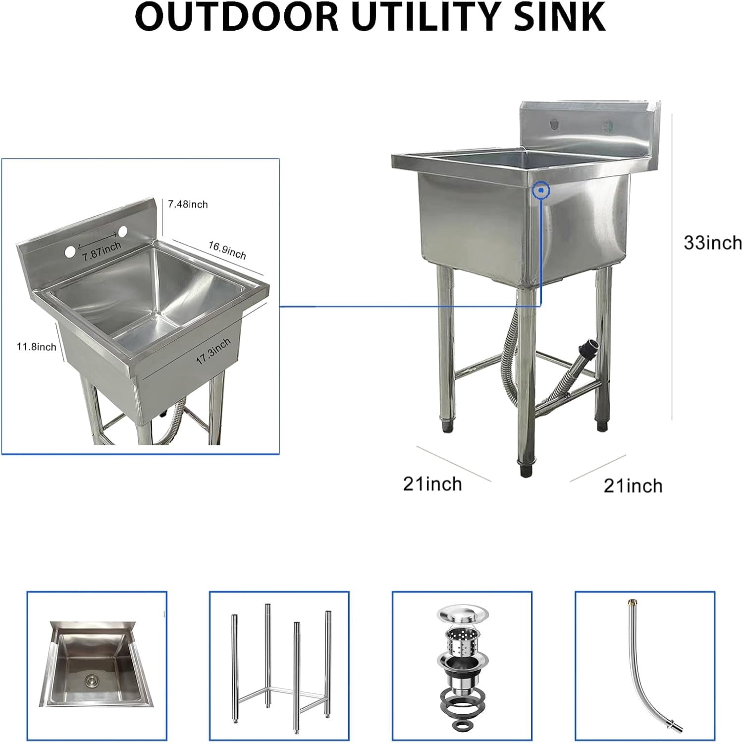 AOILE Free Standing Stainless Steel Sink, Utility Sink with Faucet & Storage Shelf for Kitchen, Garage