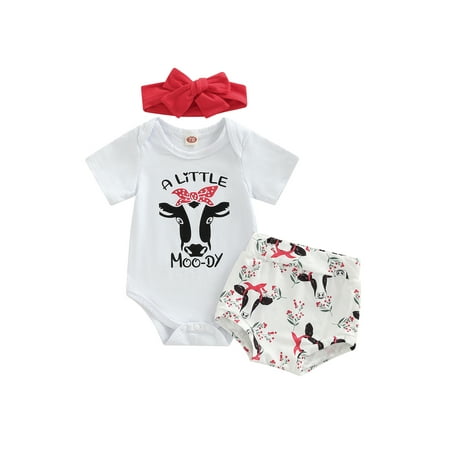

Karuedoo Infant Baby Girl Clothes Cow Print Short Sleeve Romper Shorts Headband Summer Outfits White 6-12 Months