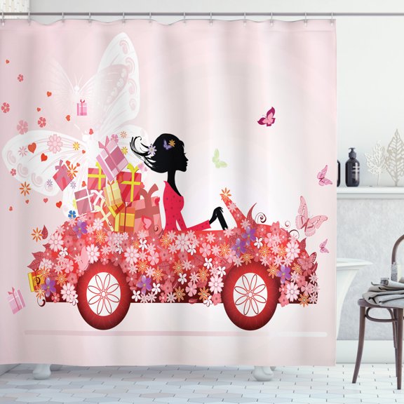 Ambesonne Cars Shower Curtain, Girl on a Car Floral Box, 69"Wx75"L, Pink Dark Coral Black
