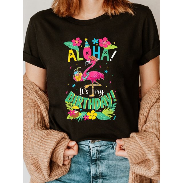 Aloha Birthday Print Crew Neck T-shirt, Short Sleeve Casual Top For Summer & Spring, Women's Clothing