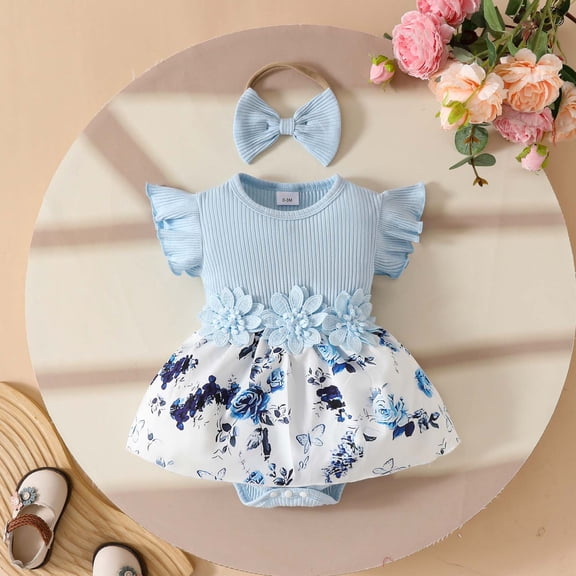 Newborn Onesies Boy Girls Sleeveless Ribbed Floral Applique Summer Romper Baby Bodysuit Blue 9-12 Months