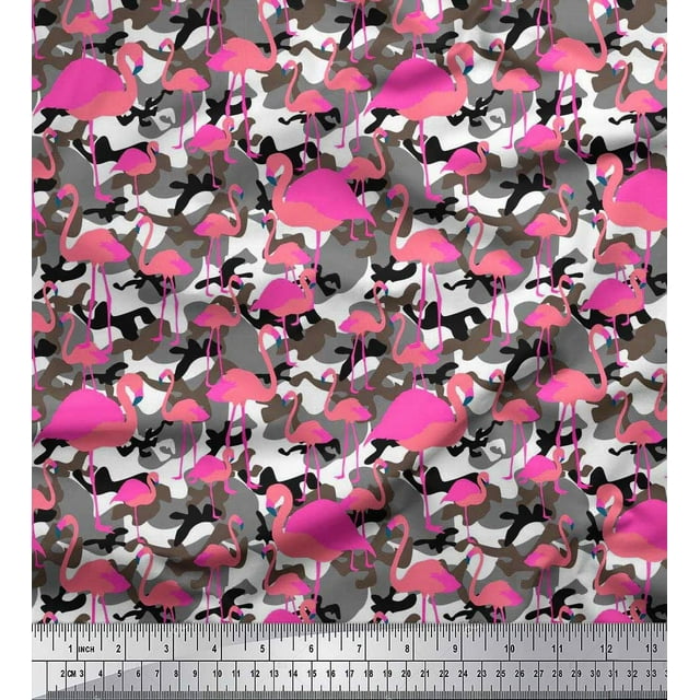 Soimoi Poly Georgette Fabric Camouflage Texture & Flamingo Bird Decor Fabric Printed Yard 52 Inch Wide
