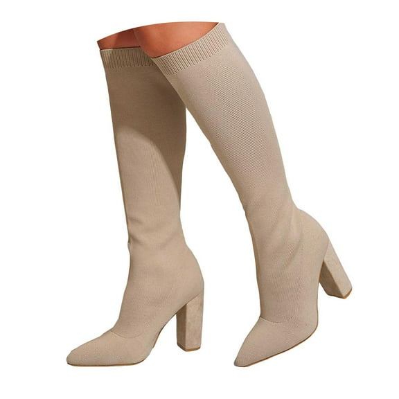 Chenyee Knee High Boots for Women Heel Pointed Toe Breathable Stretch Knit Sock Booties