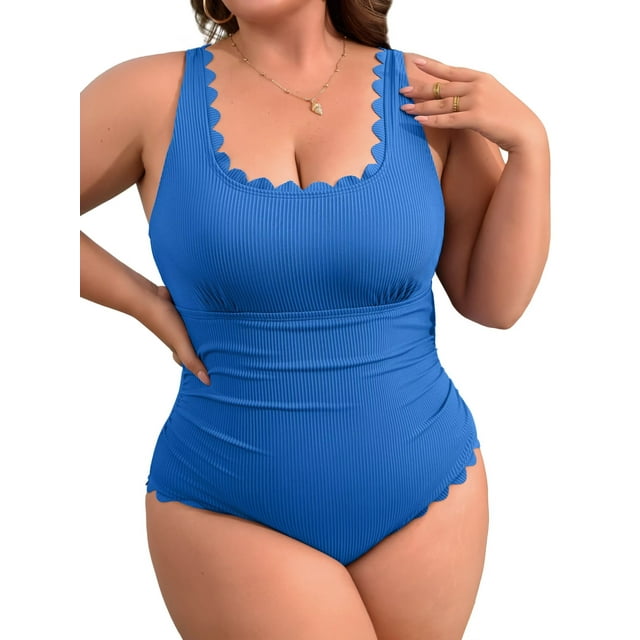 Charmo Plus Size Ribbed Swimsuit for Womens One Piece Scalloped Swimwear Tummy Control Bathing Suits