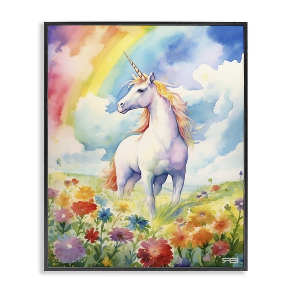 Stupell Industries Bohemian Unicorn in Rainbow Meadow Black Framed Giclee Art, 11 x 14, by RB