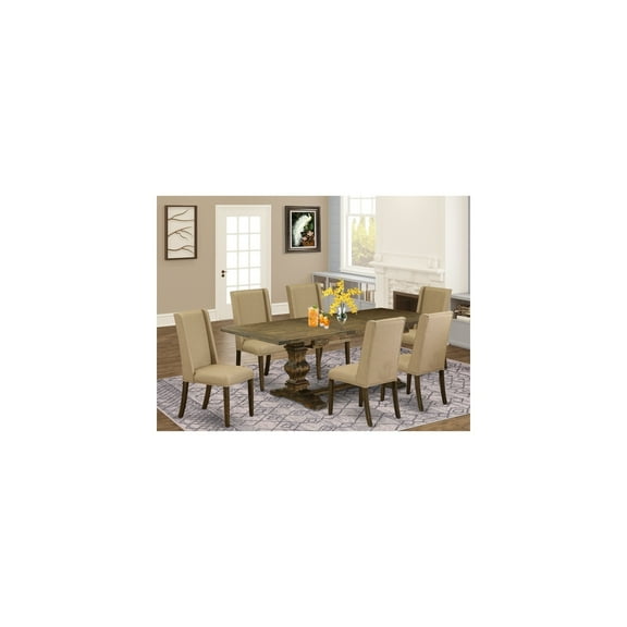 7-Pc Dining Set - Dark Khaki Linen Chairs & Distressed Jacobean Table - Kitchen & Living Room