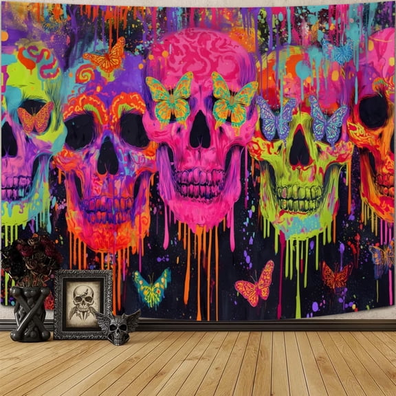 Pbobriich Trippy Gothic Tapestry Neon Skull Butterfly Wall Tapestry Horror Goth Room Decor,60Wx50H