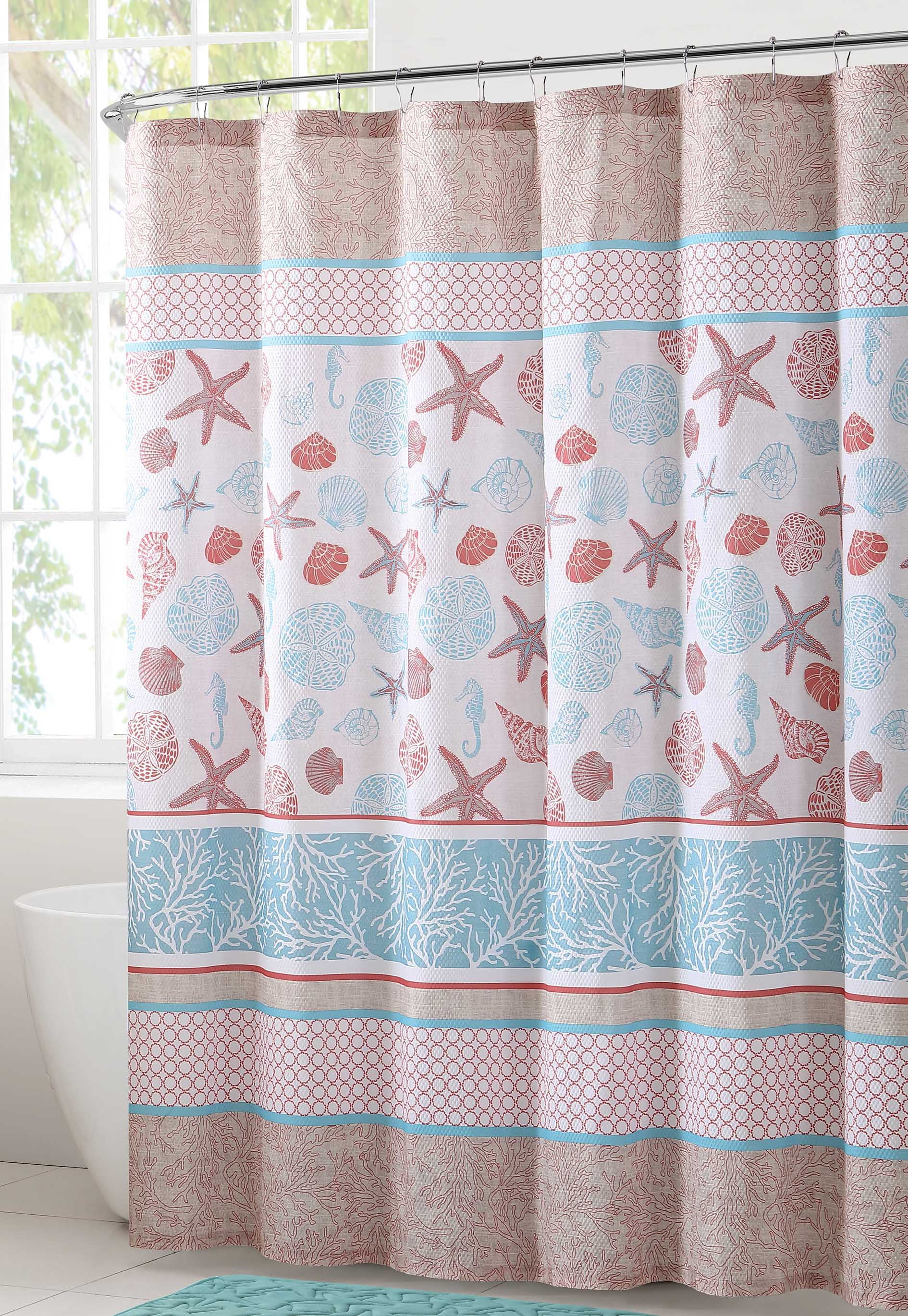 Fabric Shower Curtain for Bathroom Coral Blue and Sand Seashore Design ...