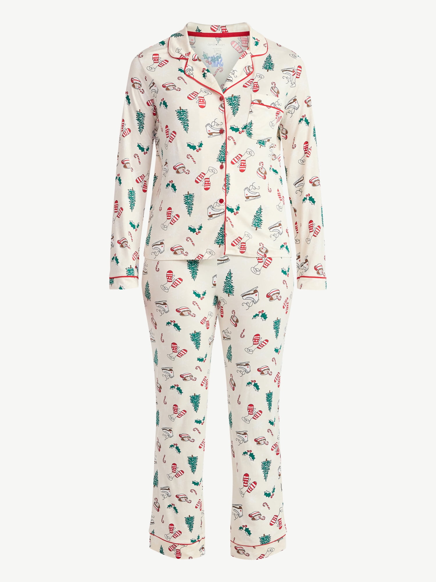 Derek Heart Women's Holiday Notch Collar Top and Pants Pajama Set, 2-Piece, Sizes S-XL