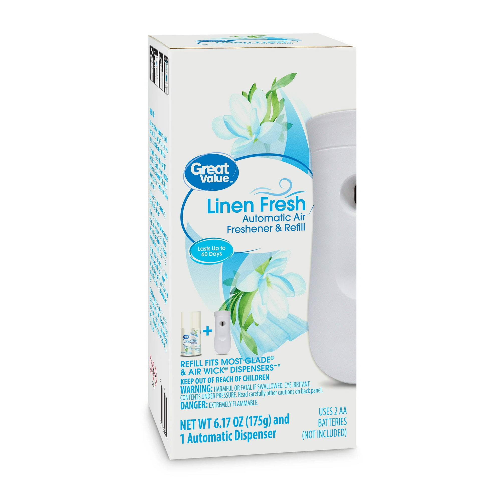 Great Value Automatic Air Freshener Spray Kit with 1 Refill Included, Linen Fresh, 2 Pieces