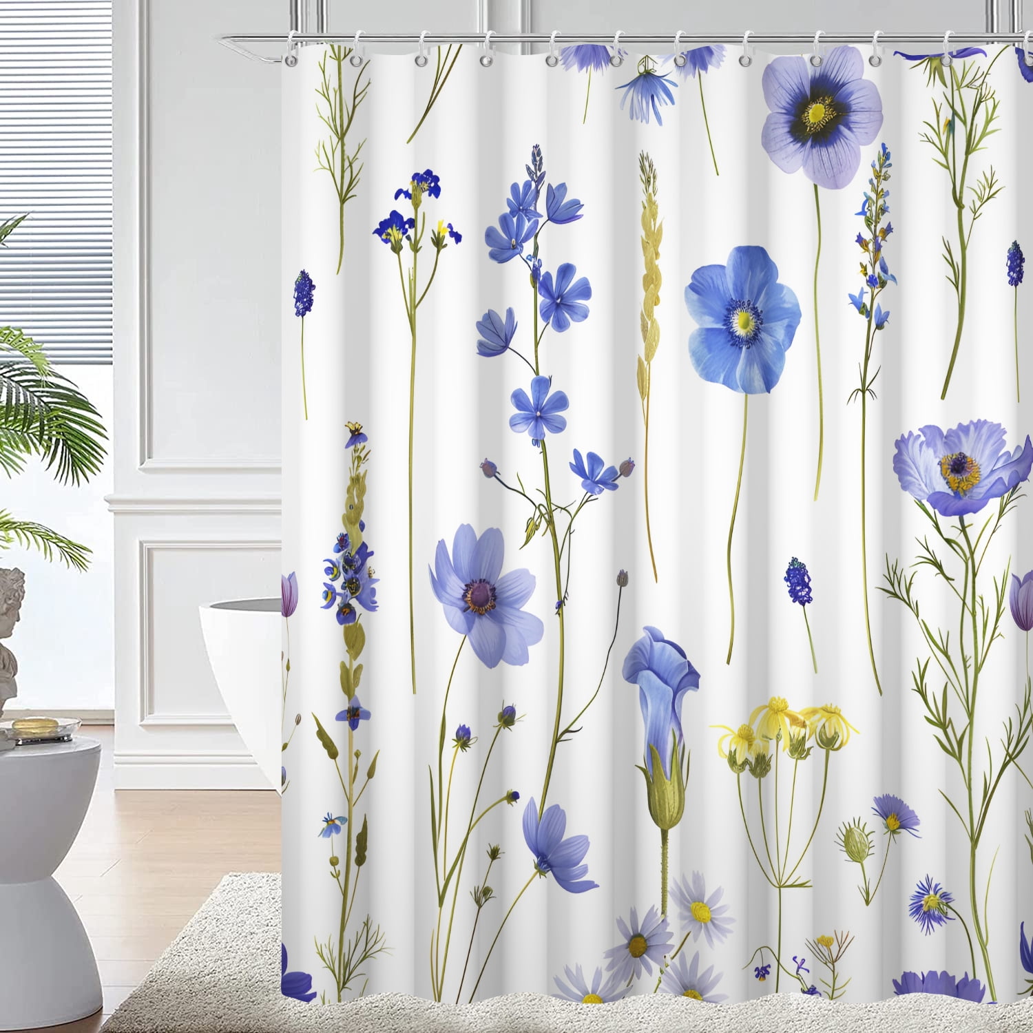 Purple Floral Shower Curtain, Watercolor Flower Plant Polyester Fabric Bath Curtain with Hooks,72''x72''