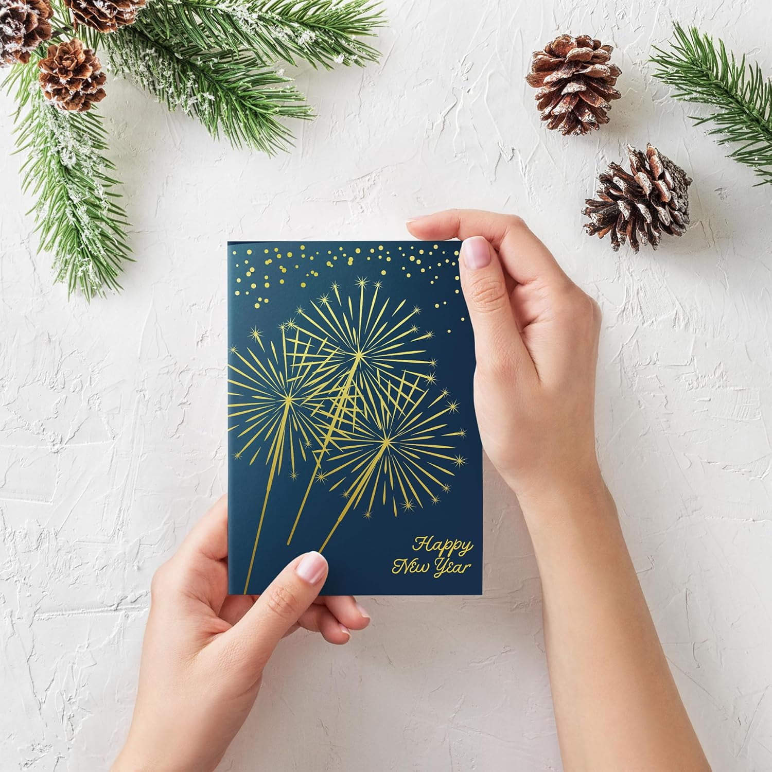 Dessie Boxed Happy New Year Cards – 30 Large 5x7 Cards with Gold Foil, 32 Envelopes & Box