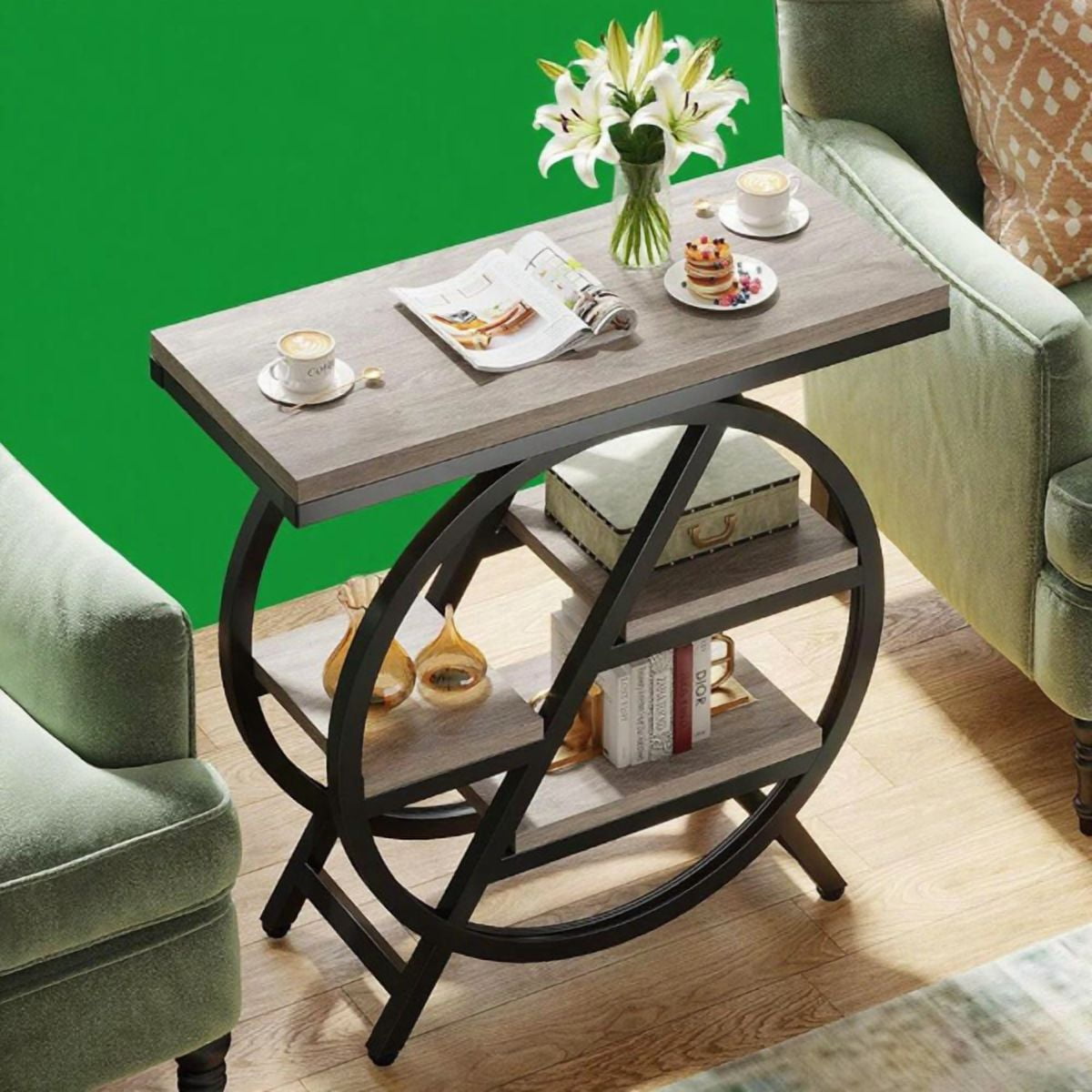 3-Tier Industrial End Table, Slim Side Table with Open Storage Shelves, Wood & Metal Frame for Living Room/Bedroom/Office